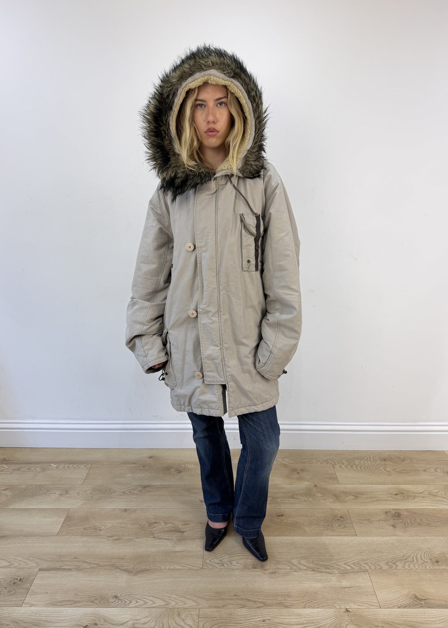 extra large beige Replay parka coat - full front