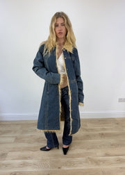 medium dark denim faux fur coat open or unzipped view