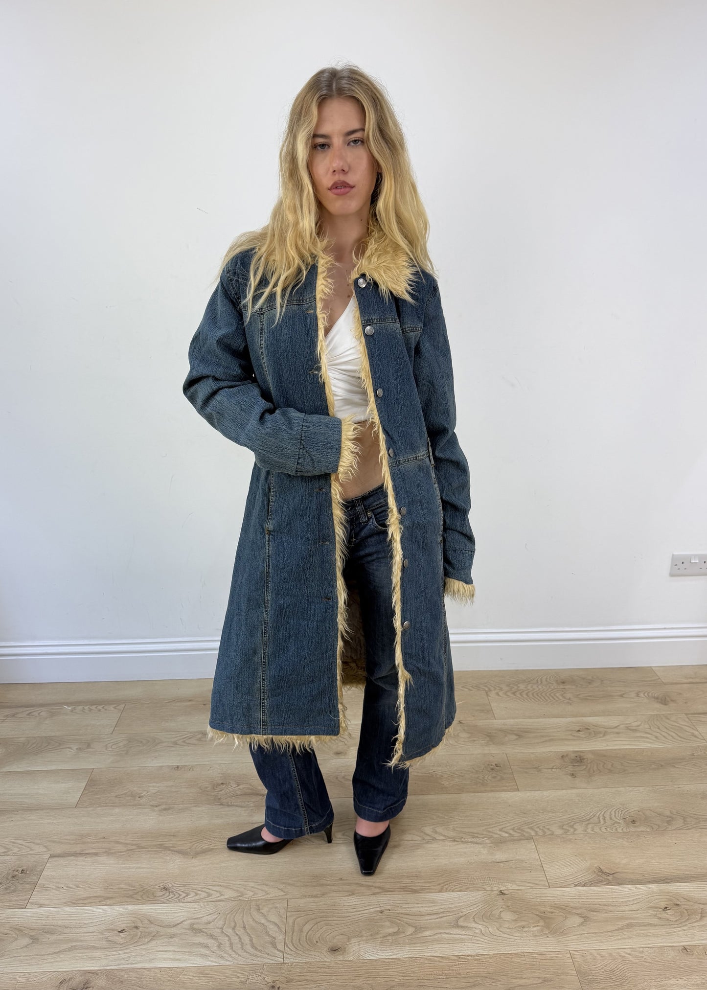 medium dark denim faux fur coat open or unzipped view
