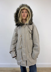 extra large beige Replay parka coat - face close-up