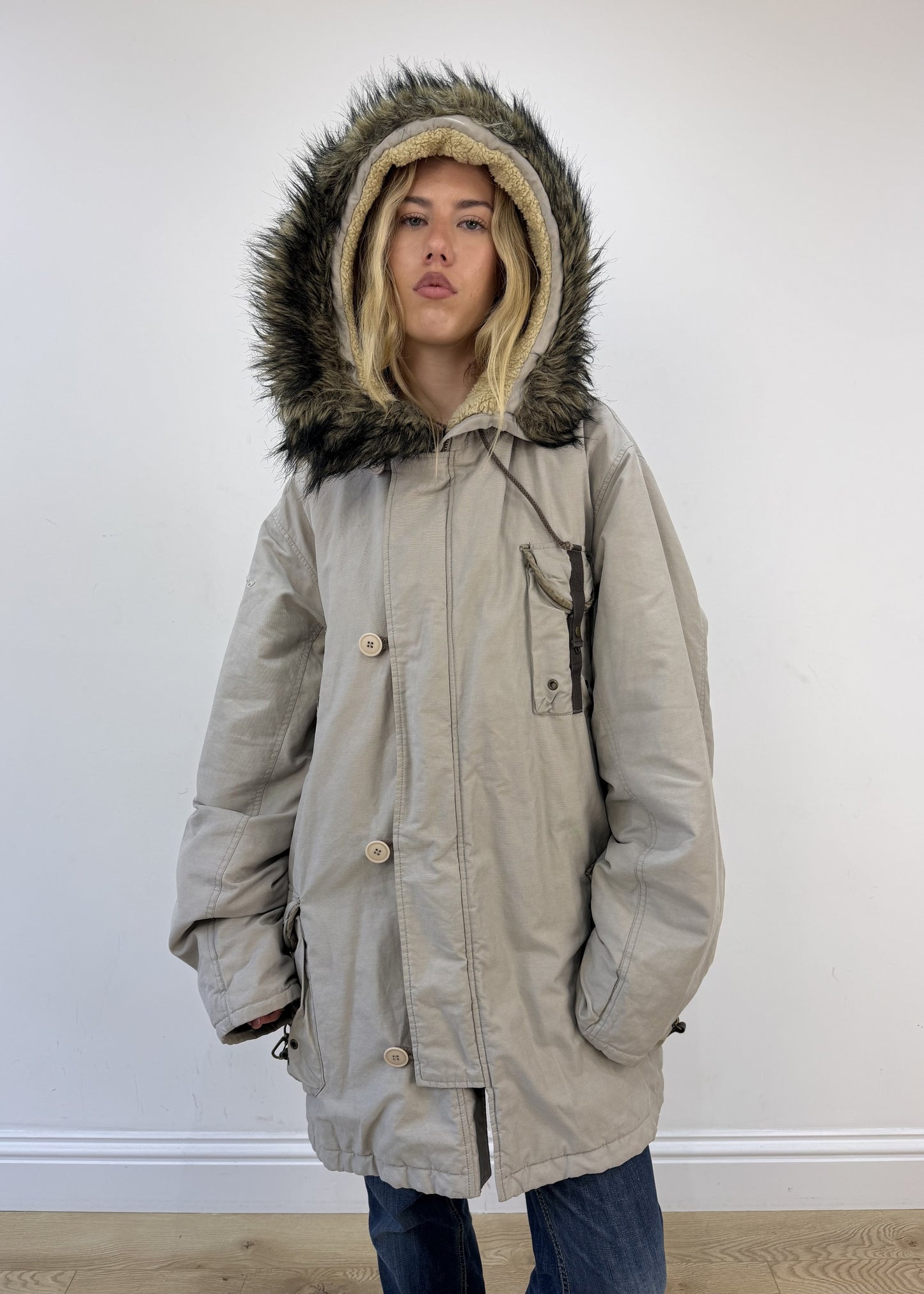extra large beige Replay parka coat - face close-up