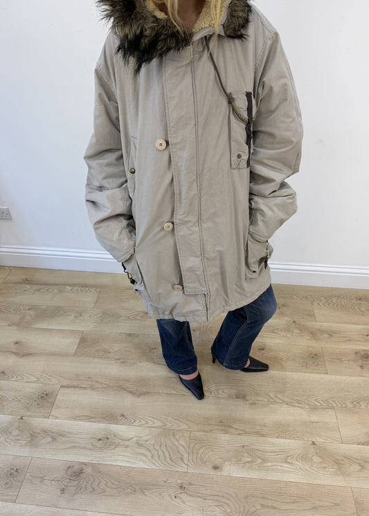 extra large beige Replay parka coat - aesthetic close-up