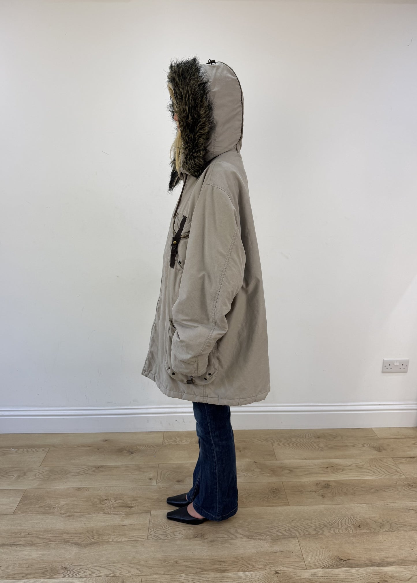 extra large beige Replay parka coat - side view