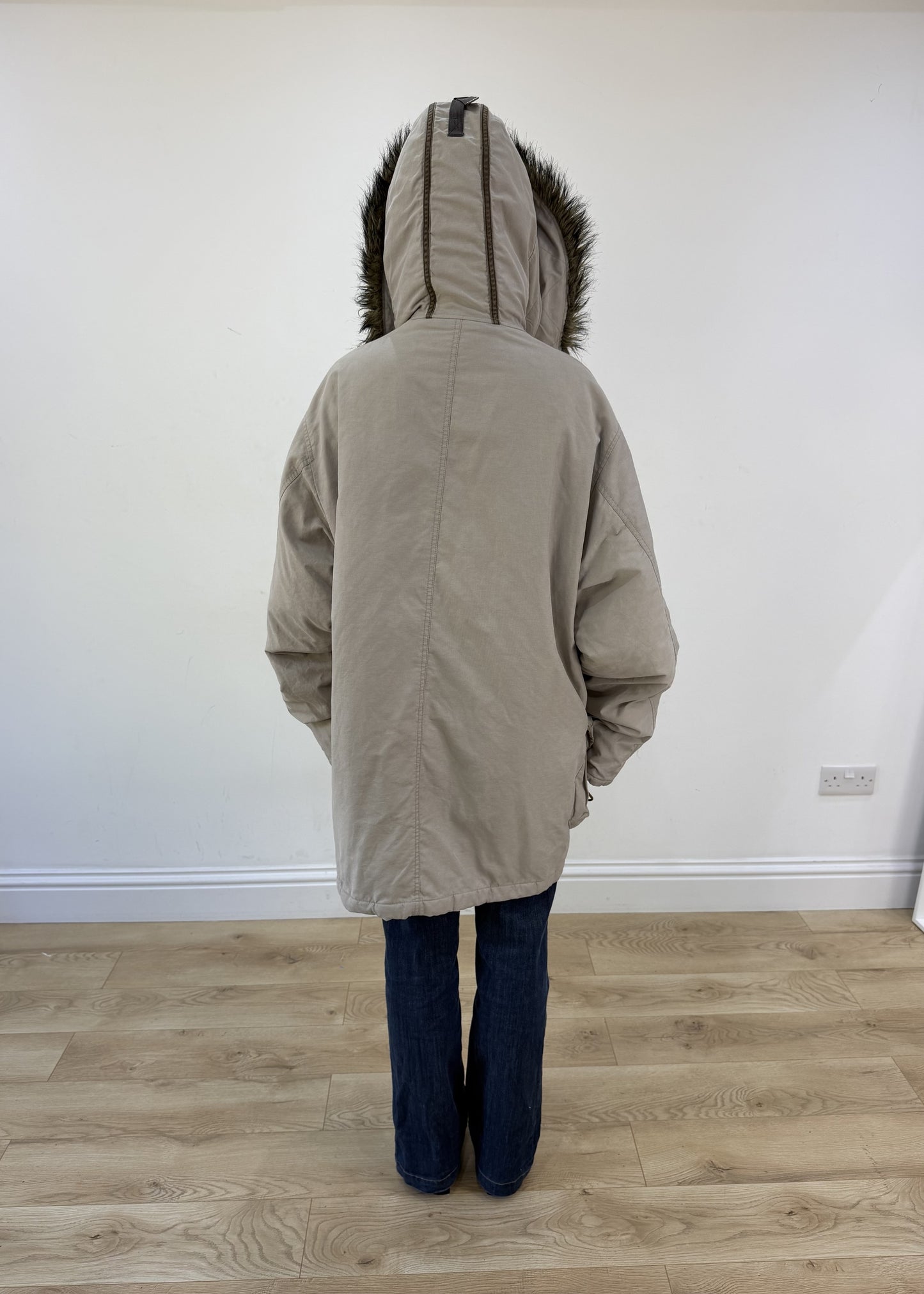 extra large beige Replay parka coat - back view