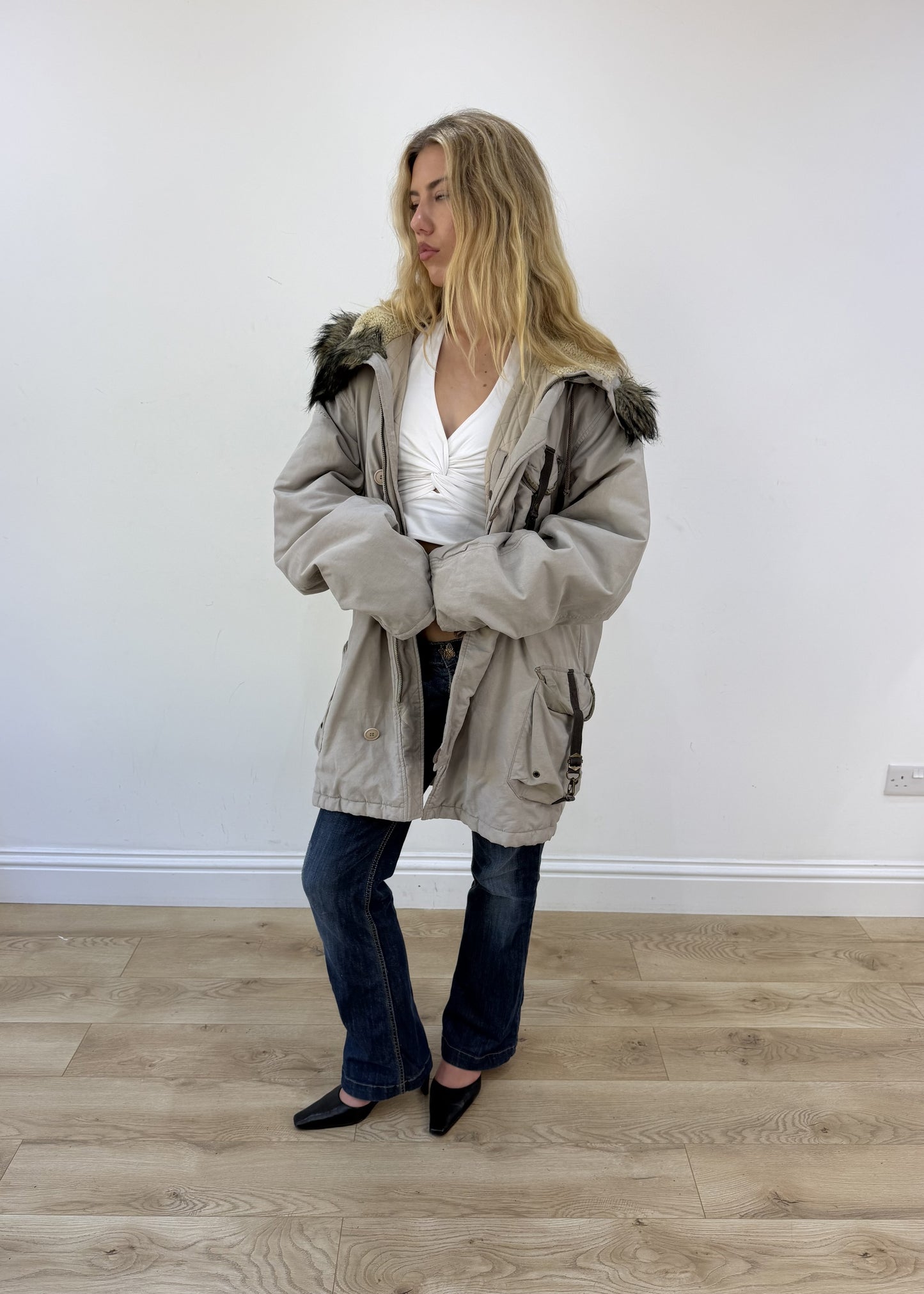extra large beige Replay parka coat - open front