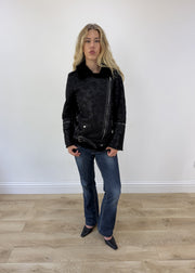 medium black fluffy studded jacket - full front