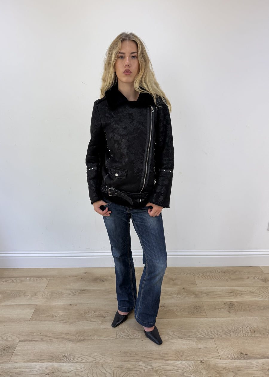 medium black fluffy studded jacket - full front