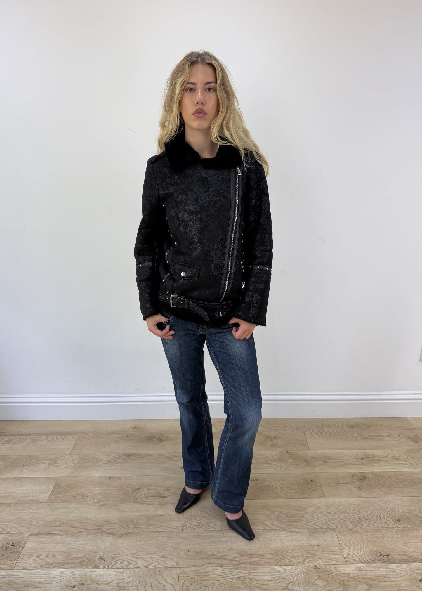 medium black fluffy studded jacket - full front