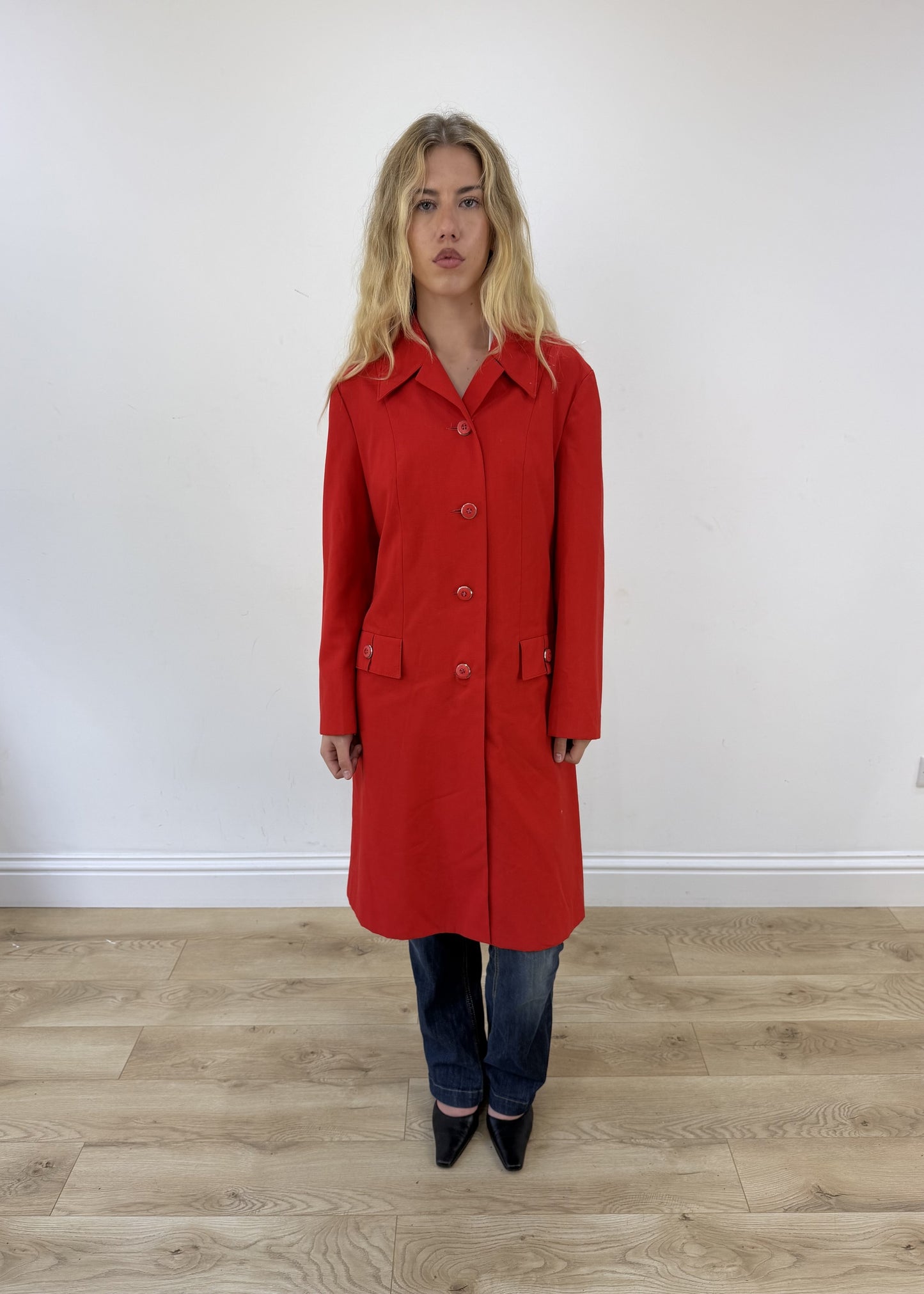 medium red trench coat - full front
