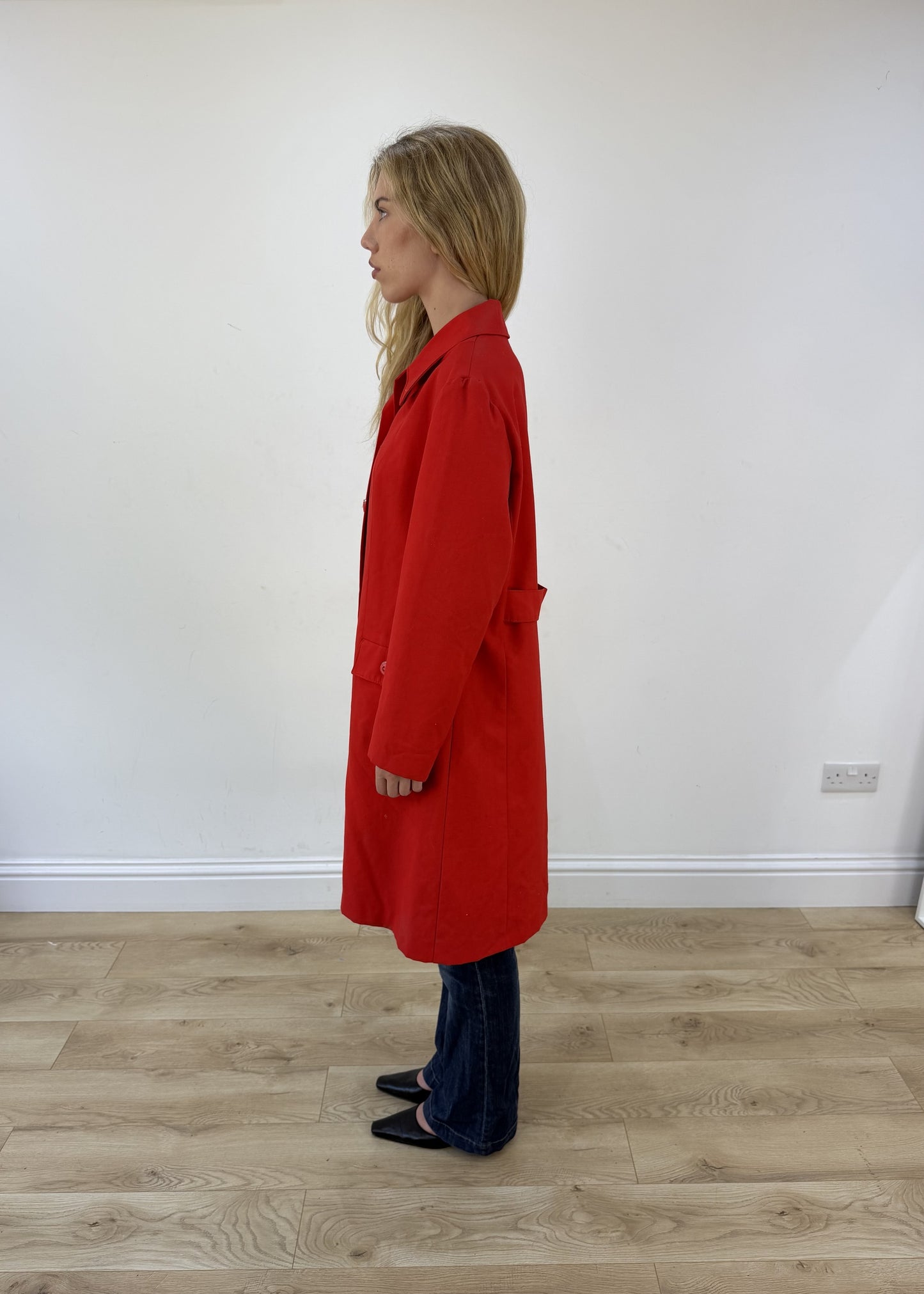 medium red trench coat - other side view