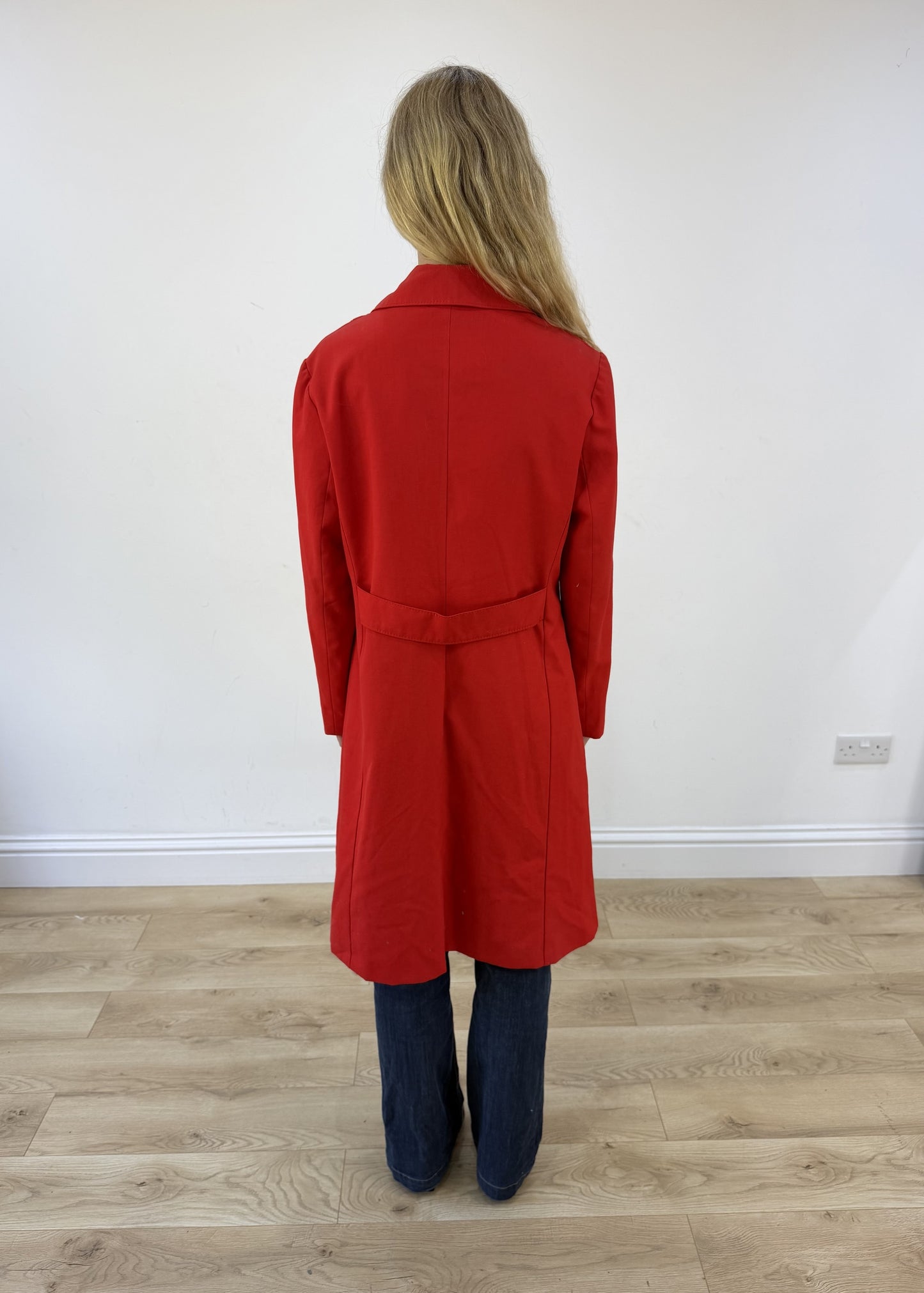 medium red trench coat - back view