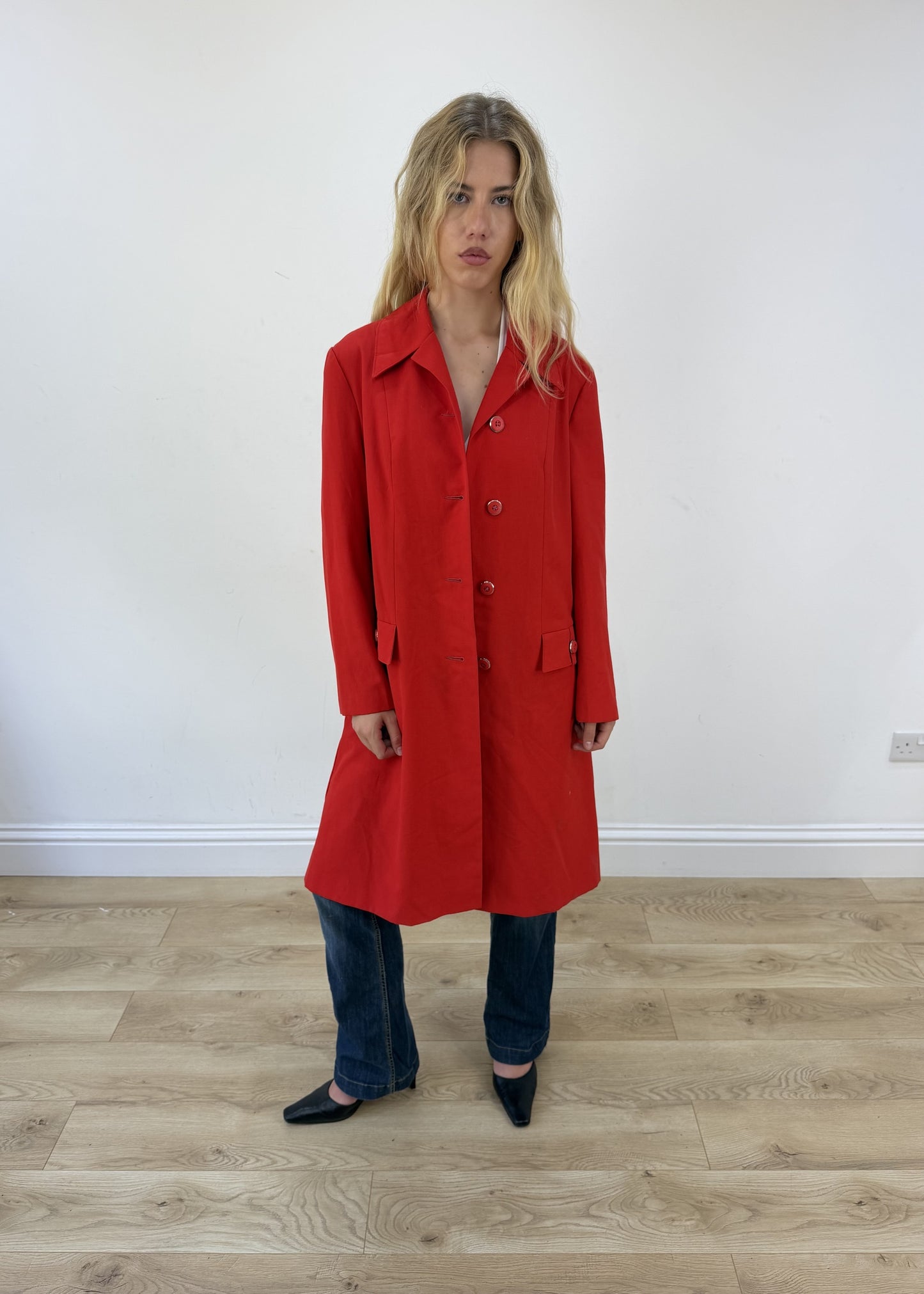 medium red trench coat - open front