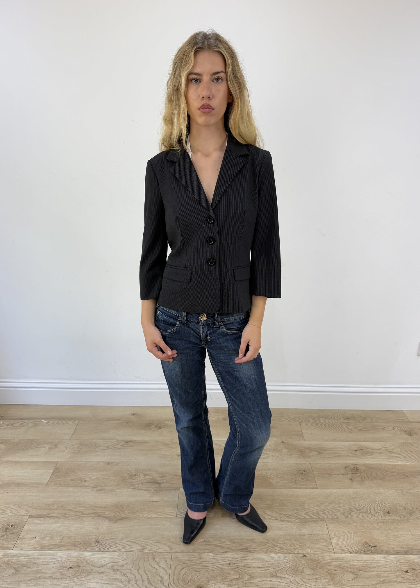 medium black pinstripe blazer - full front