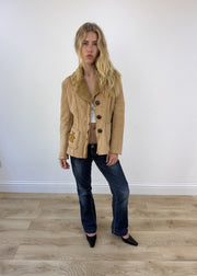 small beige suede fur trim jacket open or unzipped view