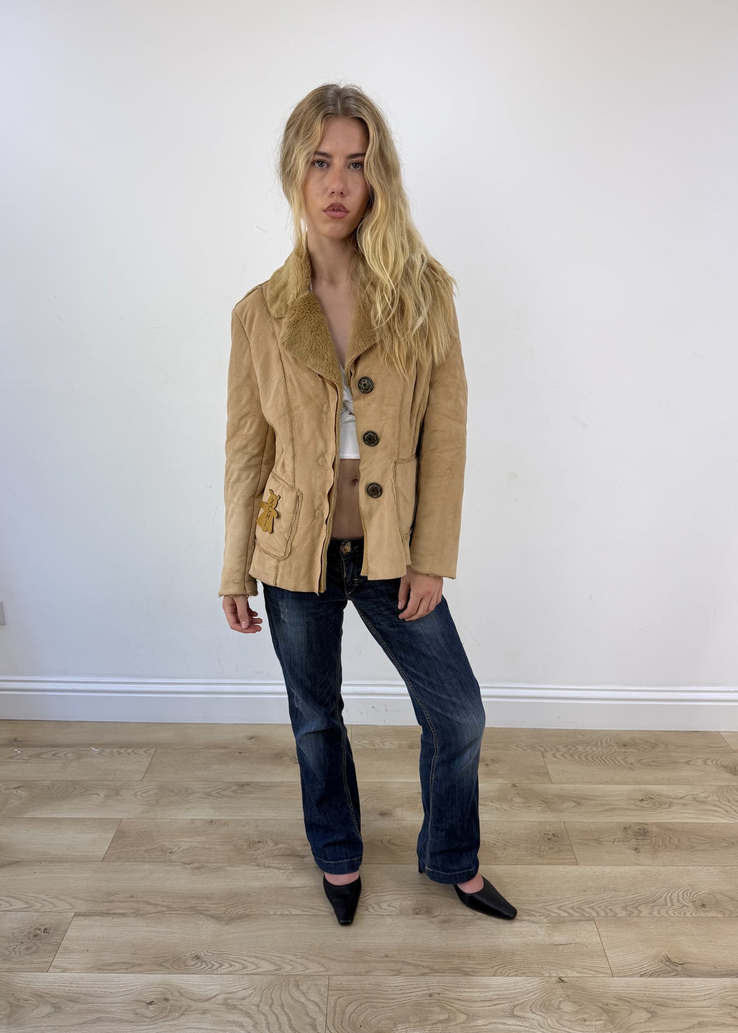 small beige suede fur trim jacket open or unzipped view