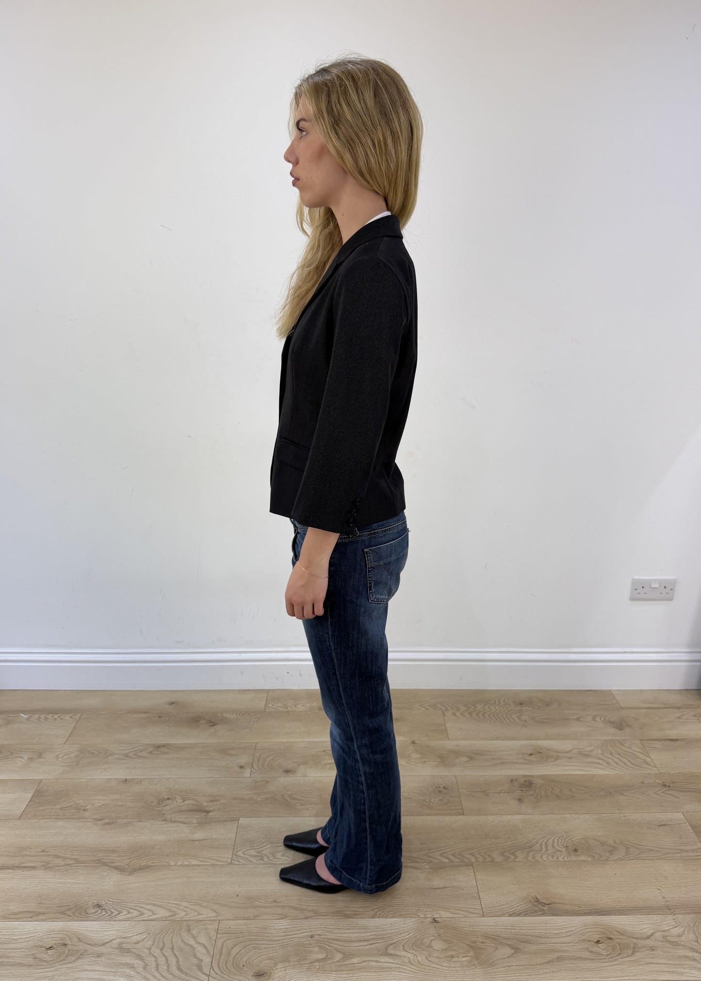 medium black pinstripe blazer - side view