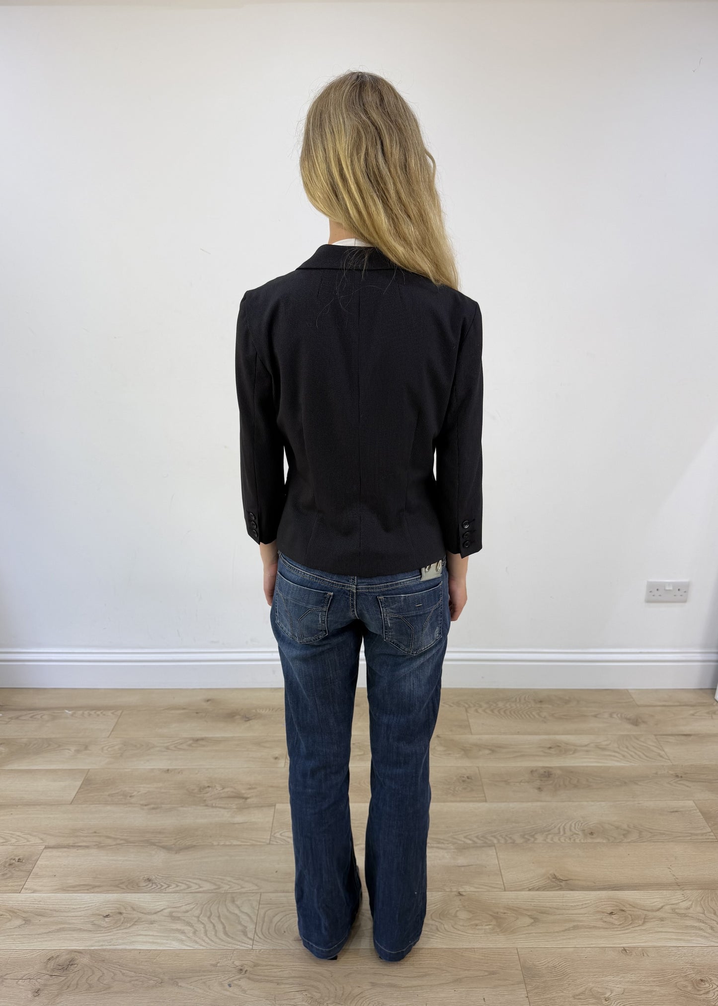 medium black pinstripe blazer - back view