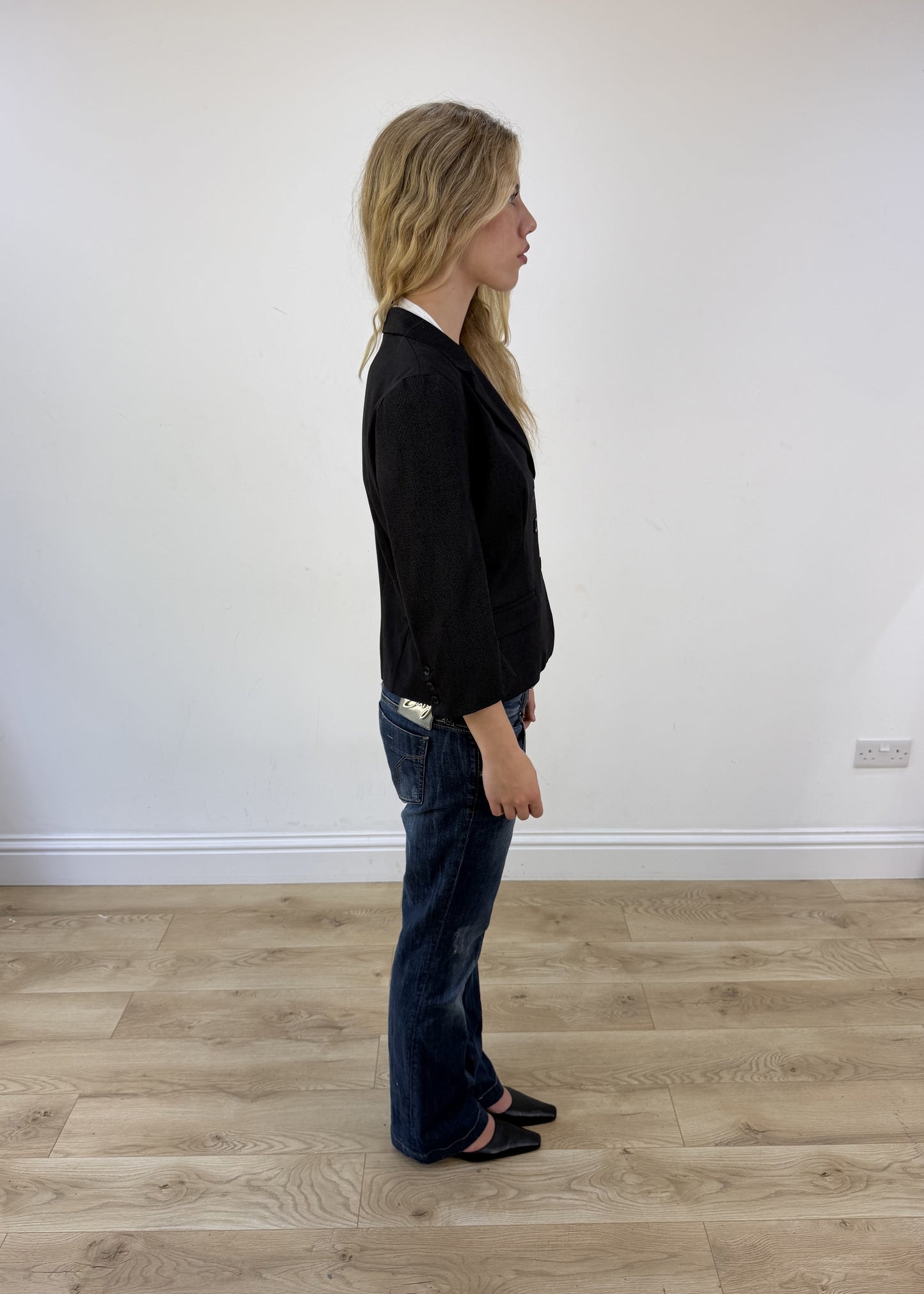 medium black pinstripe blazer - other side view