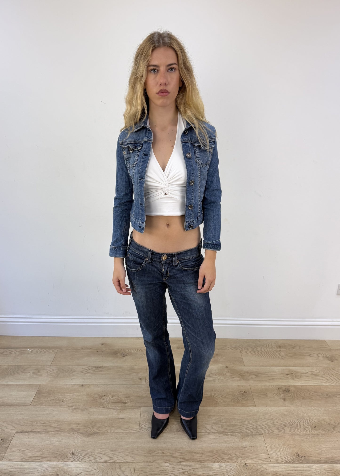 extra small blue fitted denim jacket open or unzipped view
