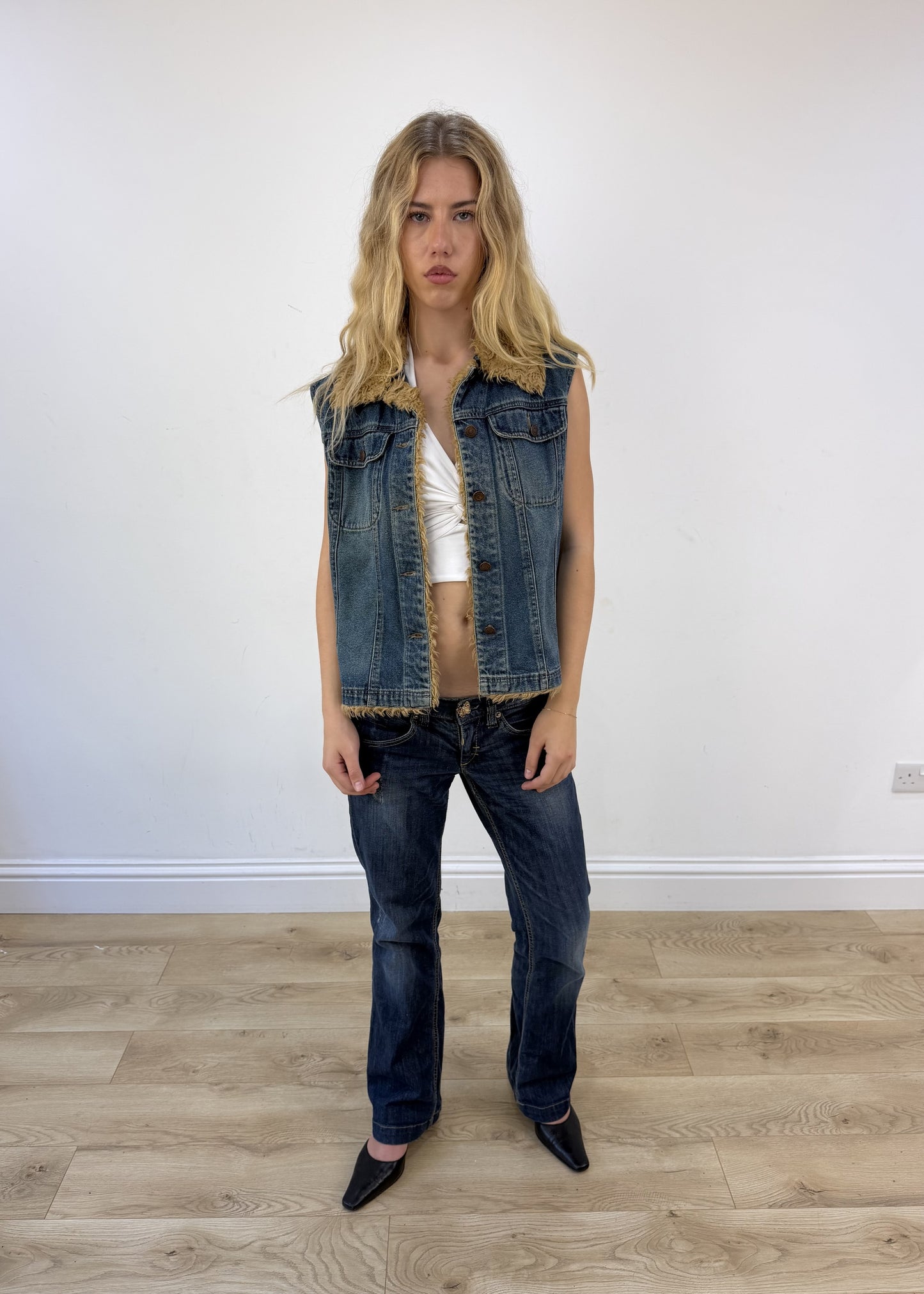 medium denim faux fur gilet open or unzipped view