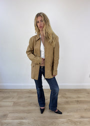 large beige Zara leather jacket open or unzipped view