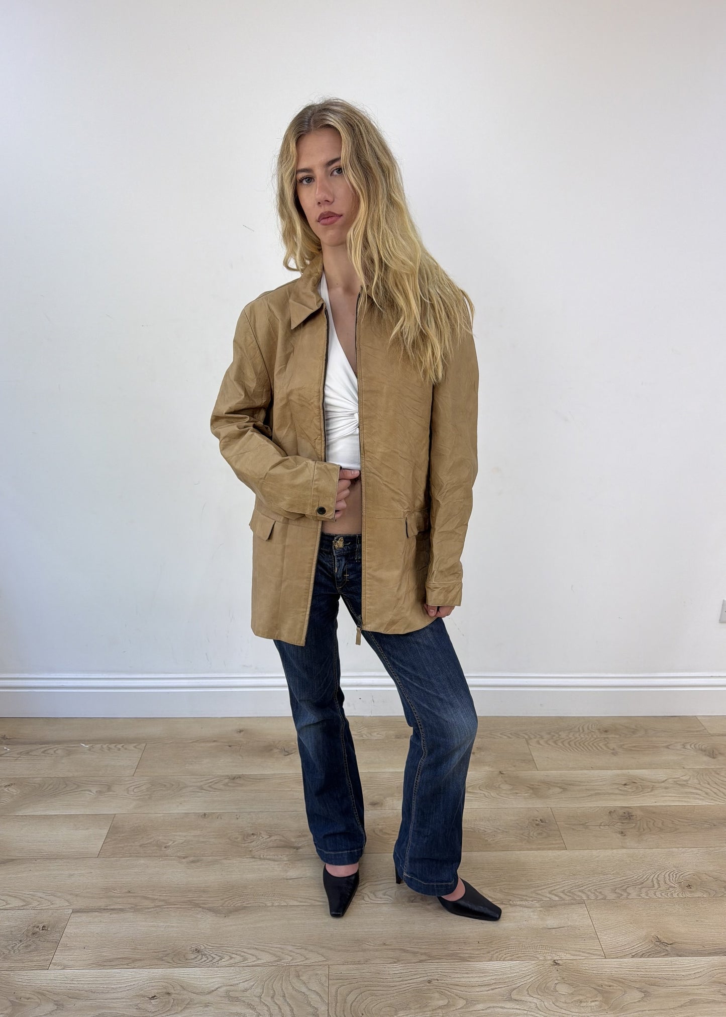 large beige Zara leather jacket open or unzipped view