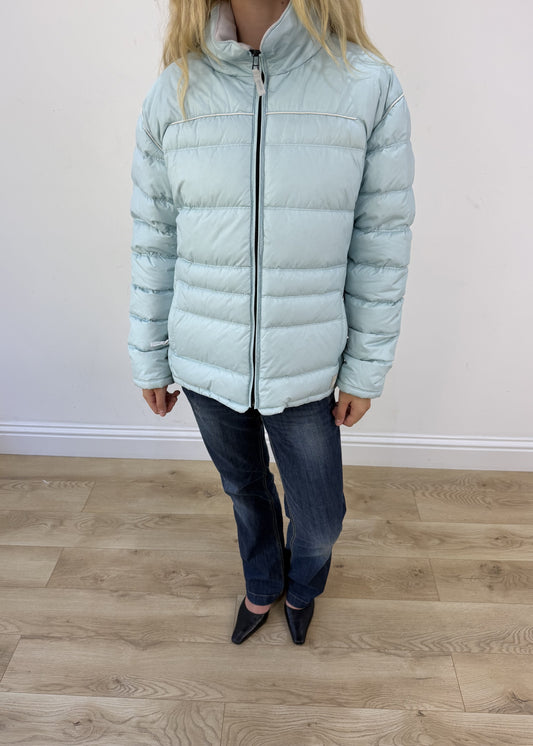 small pale blue puffer jacket - aesthetic close-up