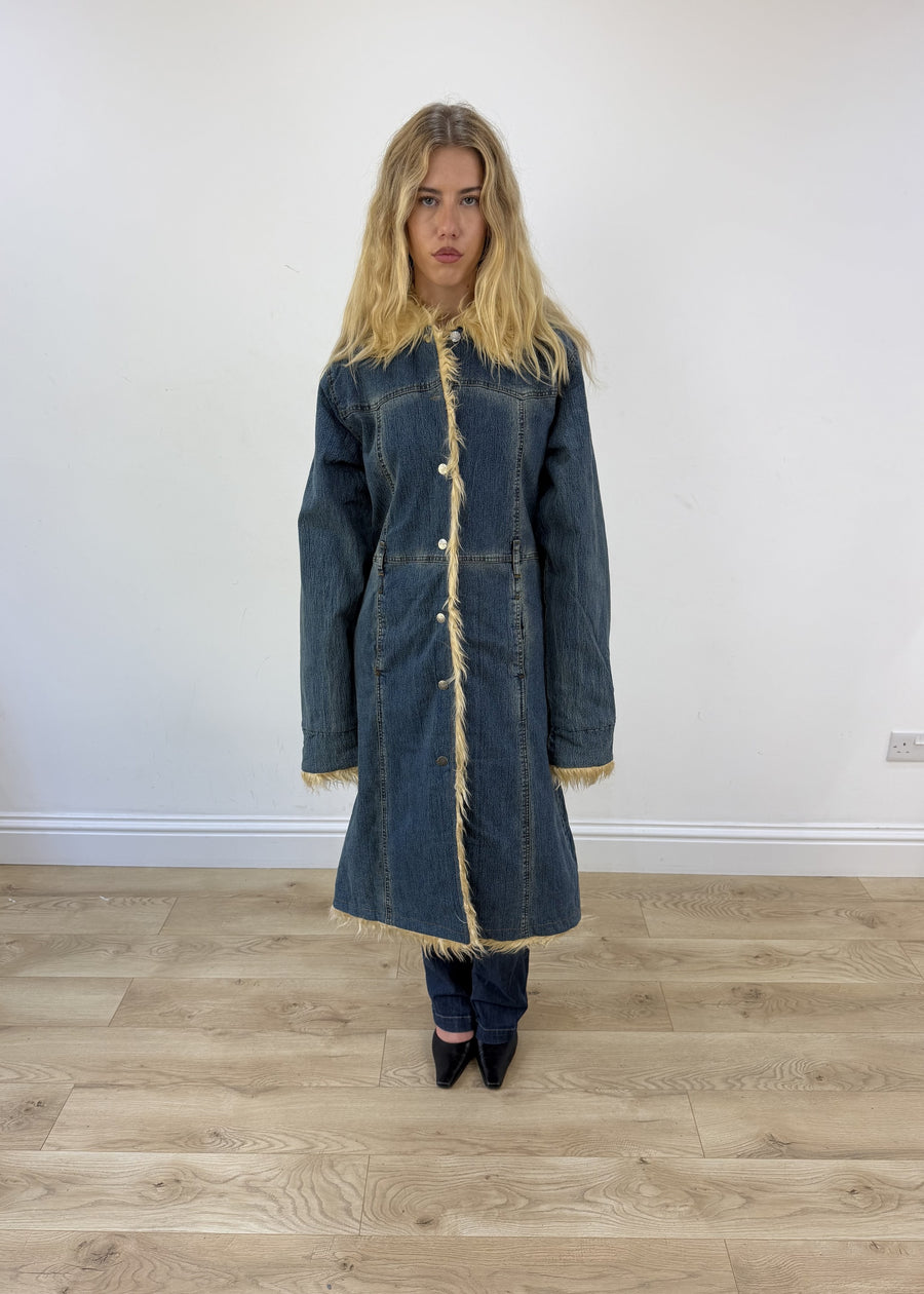 medium dark denim faux fur coat - full front