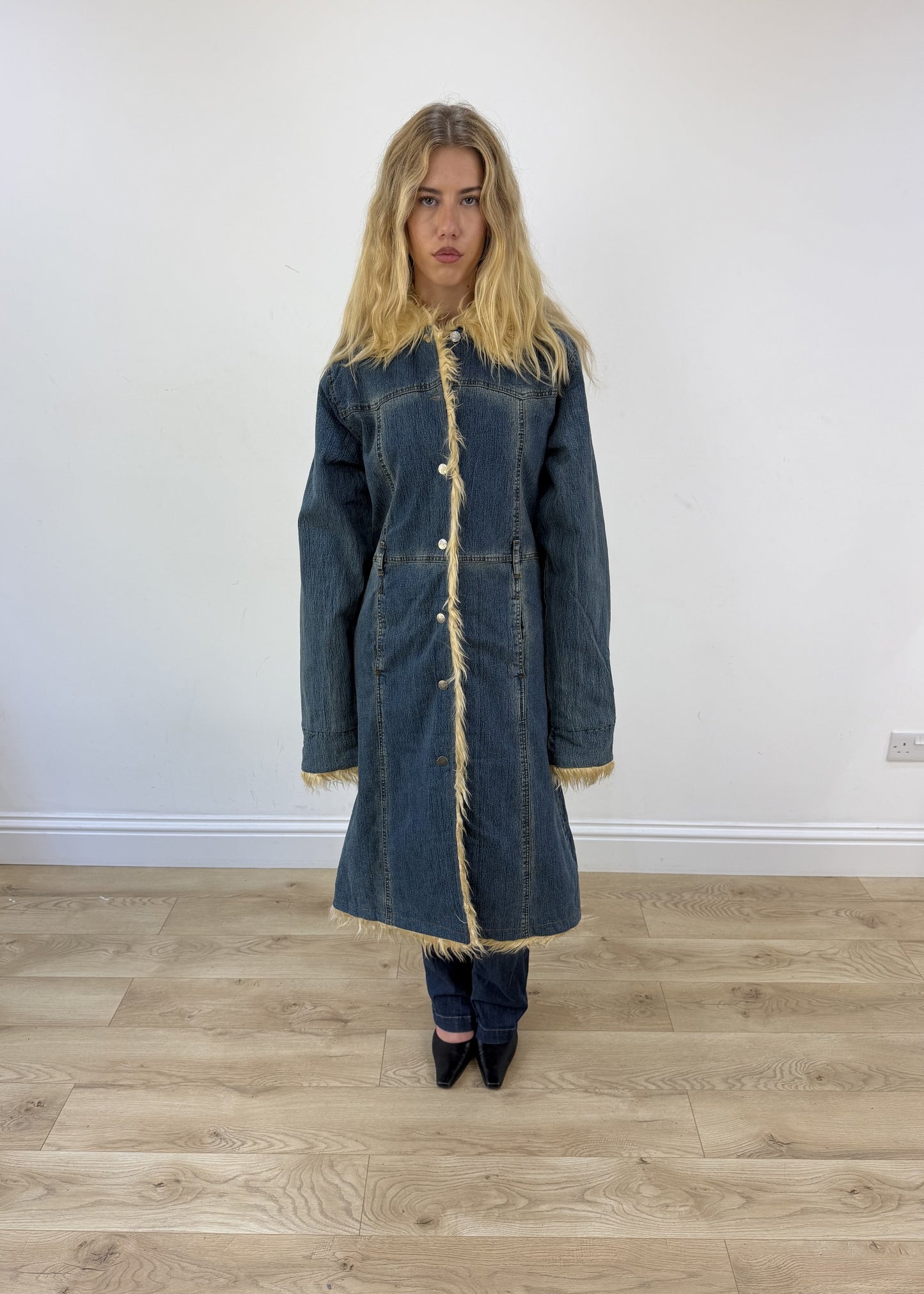 medium dark denim faux fur coat - full front