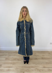 medium dark denim faux fur coat - face close-up