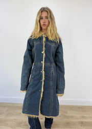medium dark denim faux fur coat - aesthetic close-up
