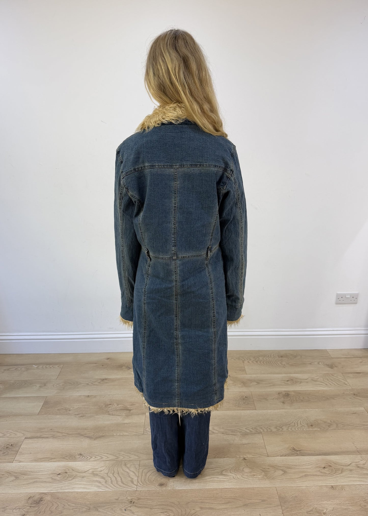 medium dark denim faux fur coat - back view