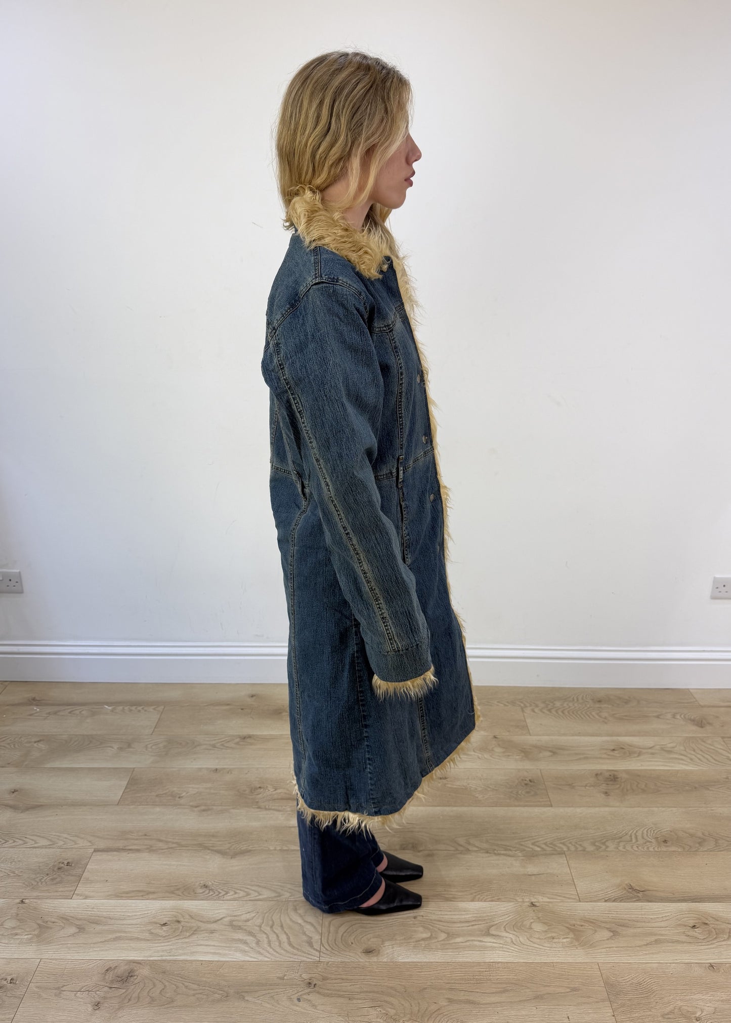 medium dark denim faux fur coat - other side view