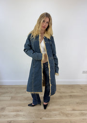 medium dark denim faux fur coat - open front