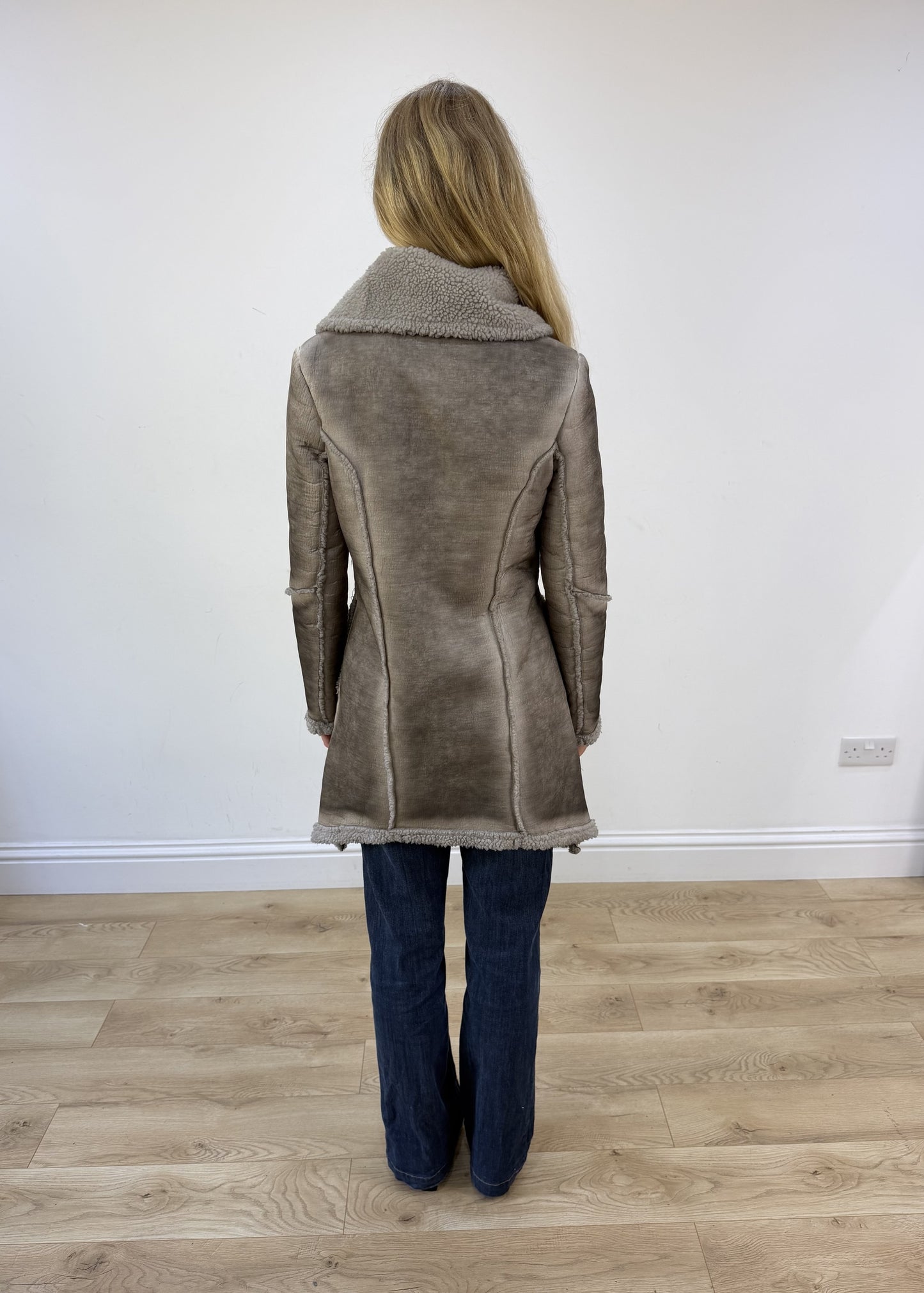 medium grey ombre suede sherpa jacket - back view