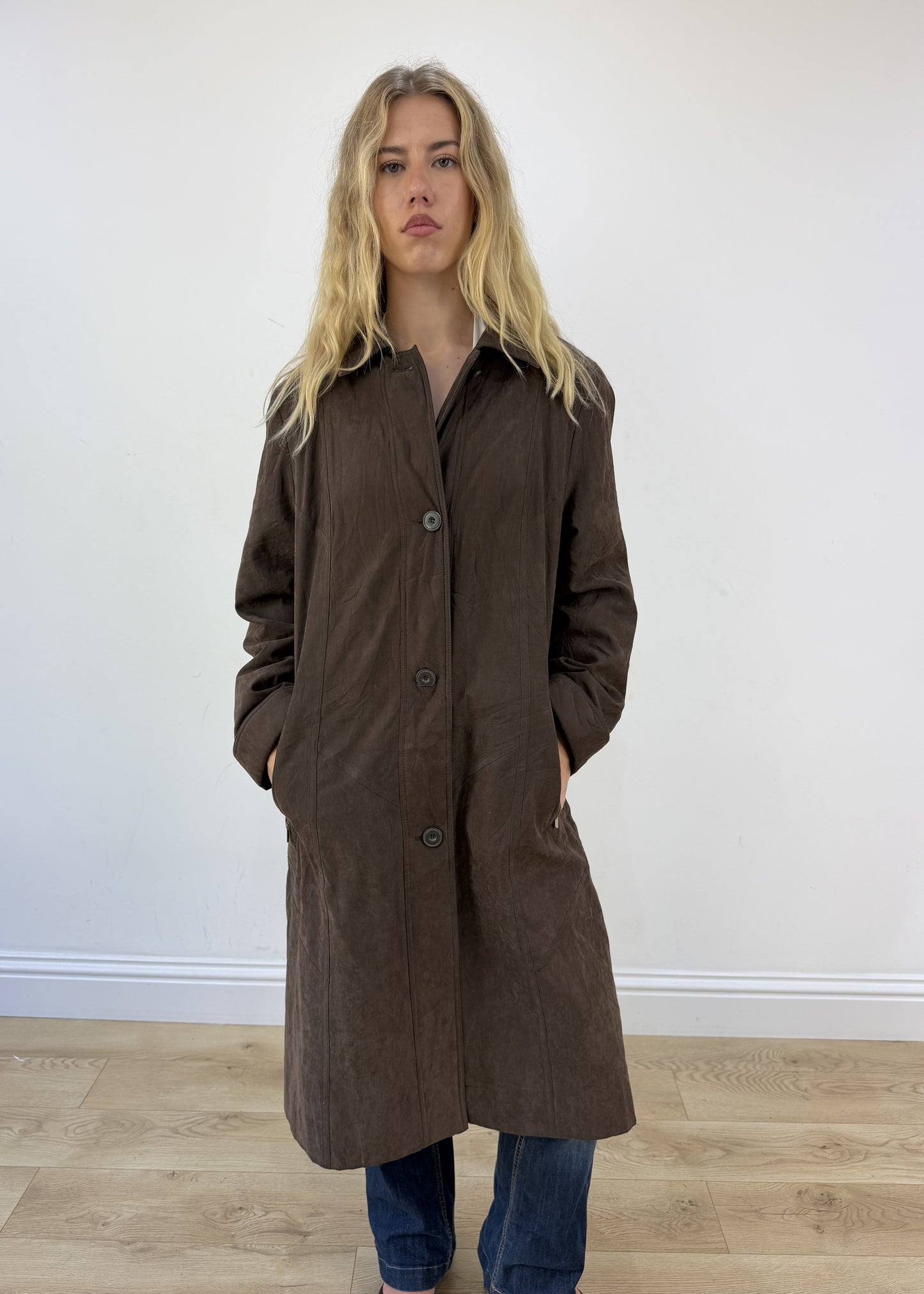 large brown long coat - face close-up