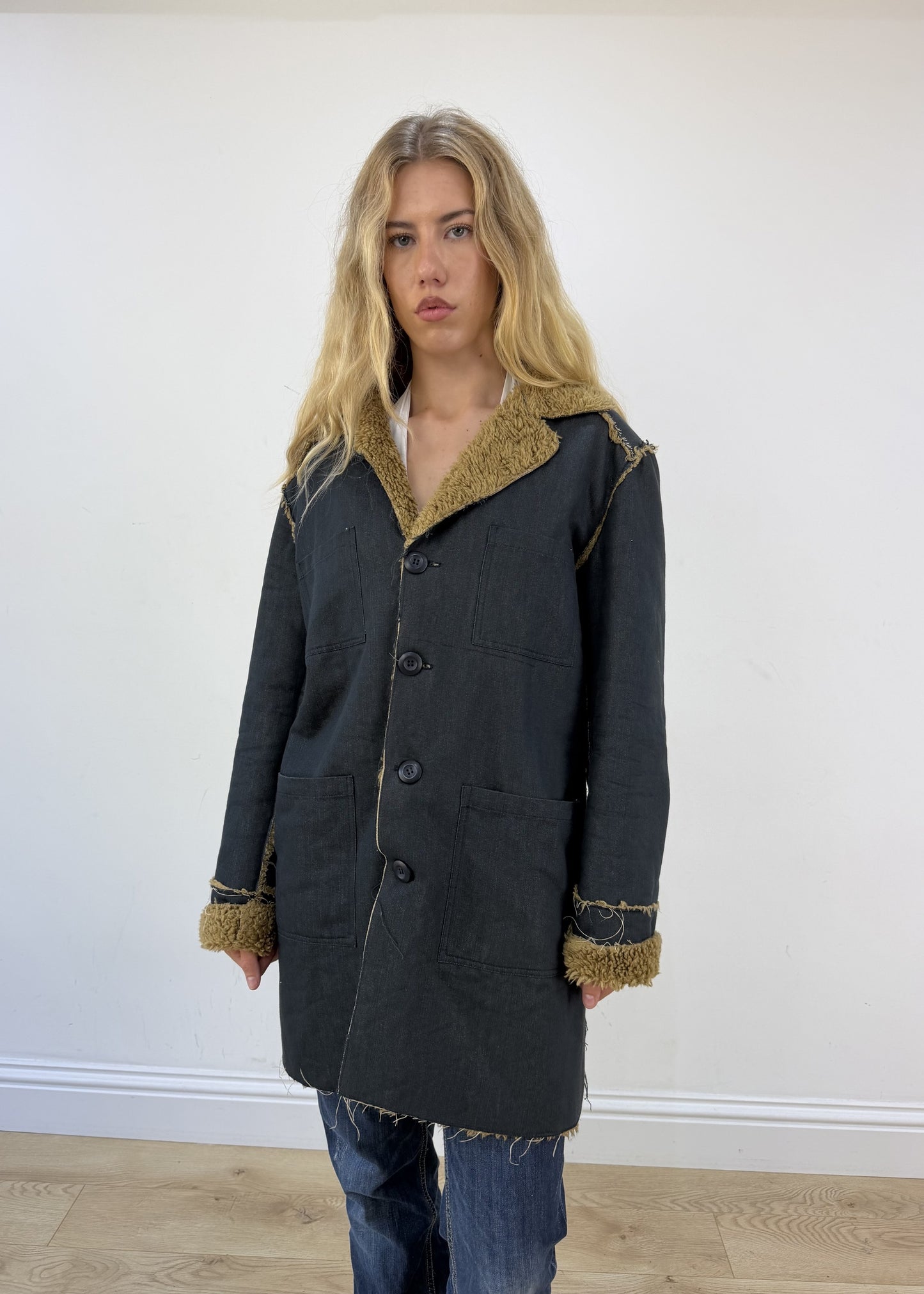 extra extra large denim afghan jacket - face close-up