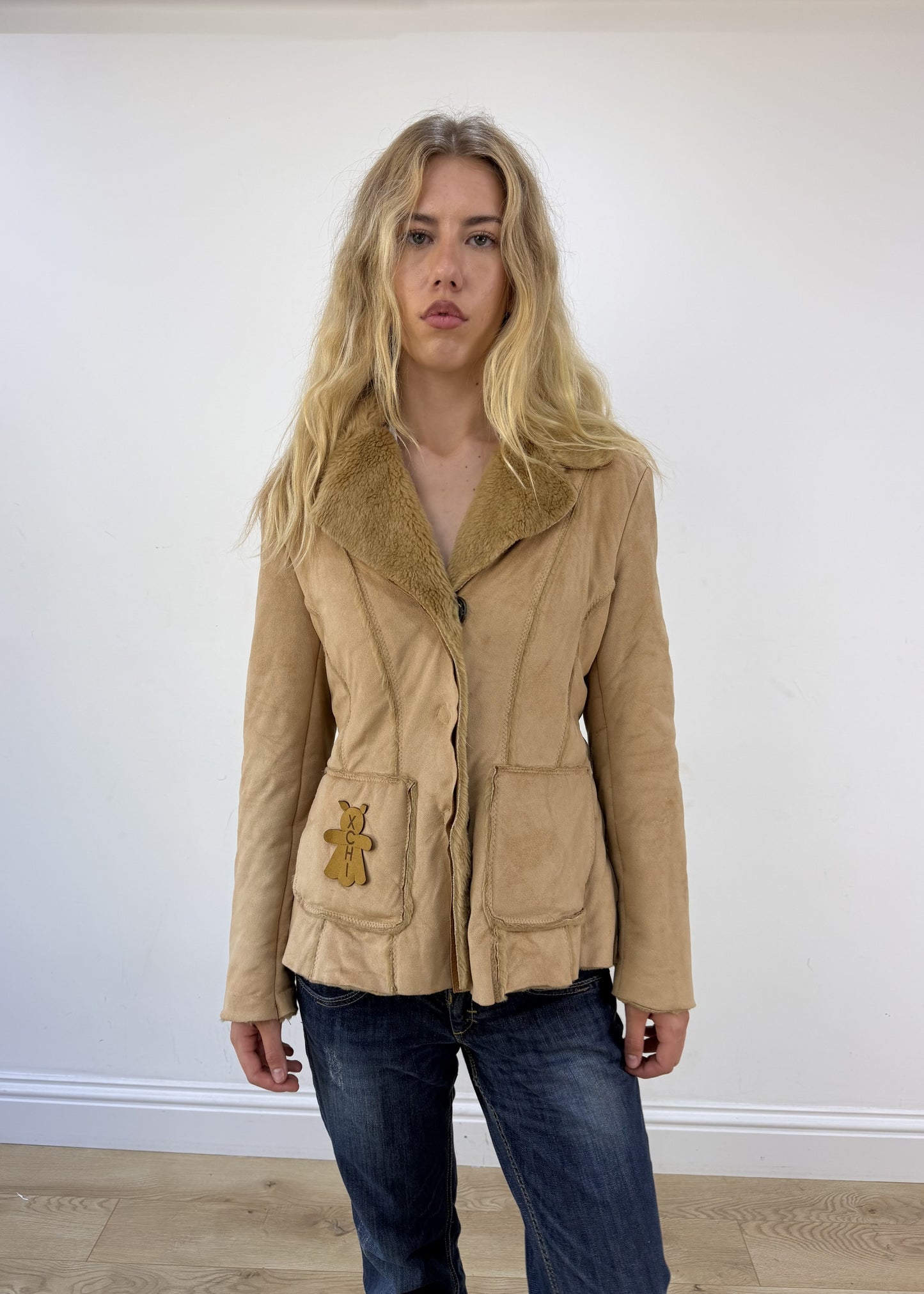 small beige suede fur trim jacket - face close-up