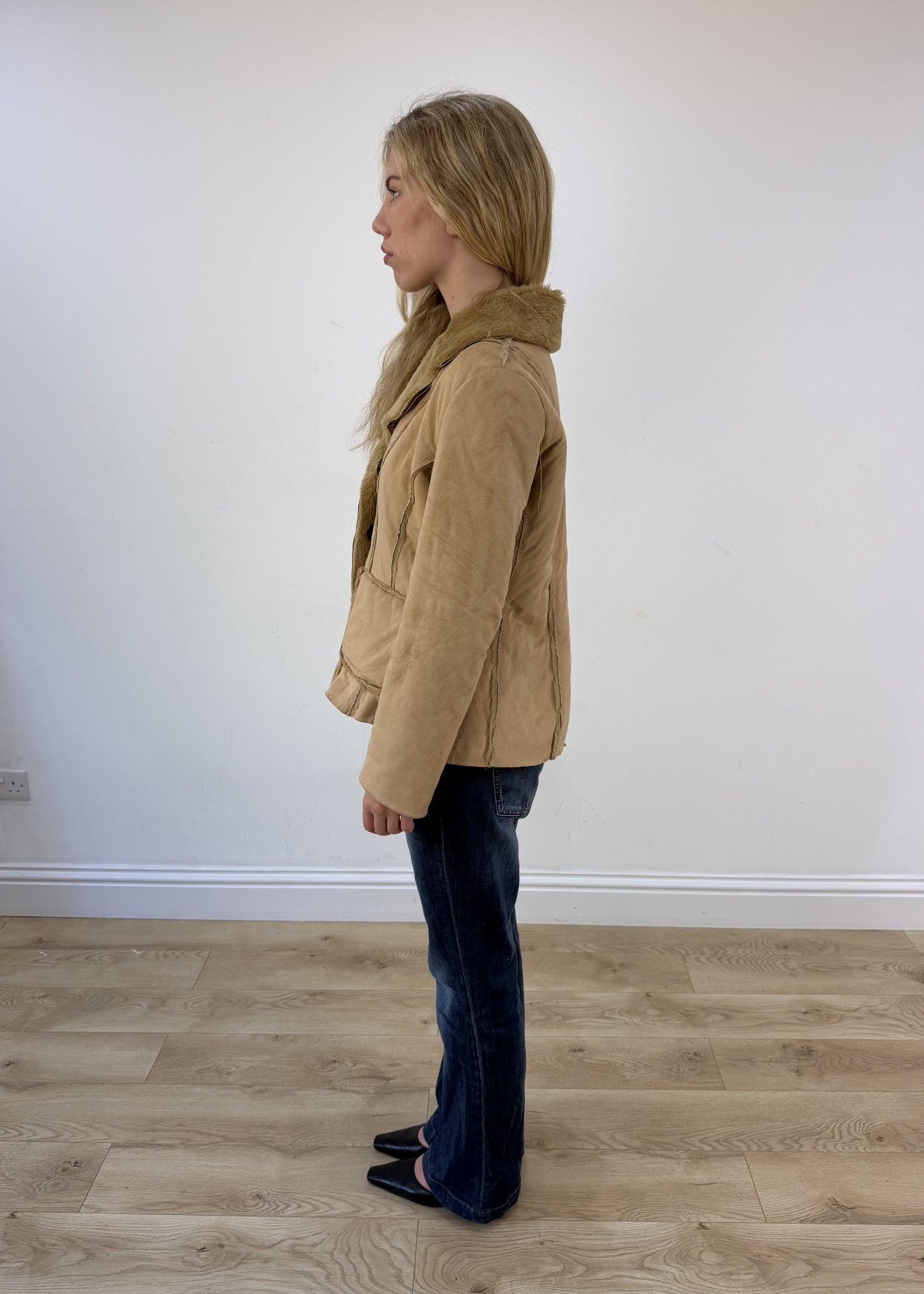 small beige suede fur trim jacket - side view