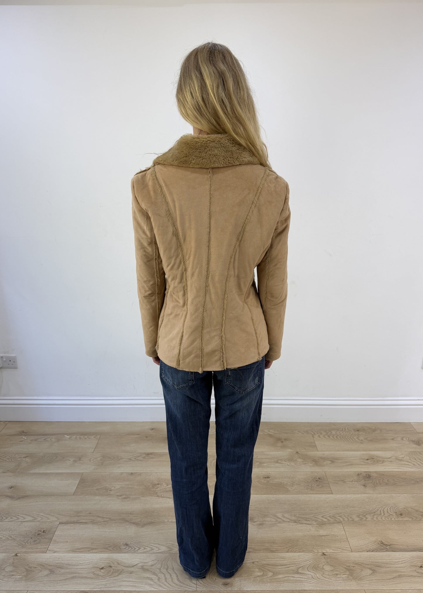 small beige suede fur trim jacket - back view