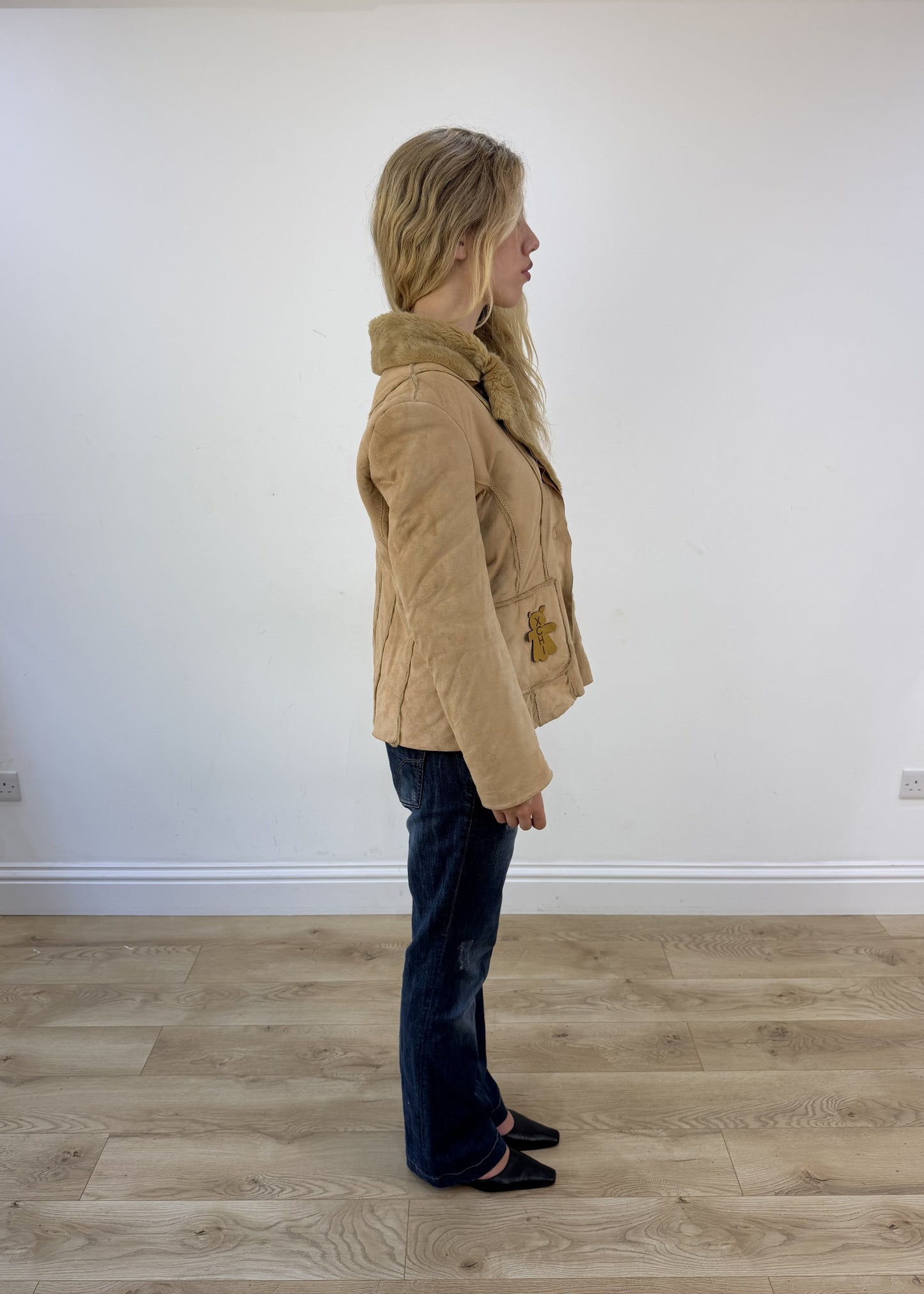 small beige suede fur trim jacket - other side view