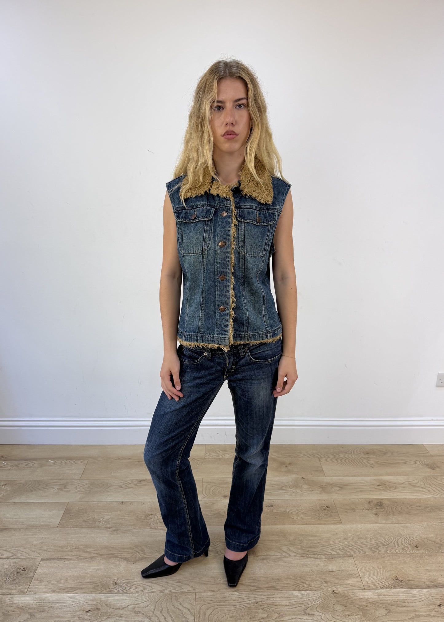 medium denim faux fur gilet photo 1