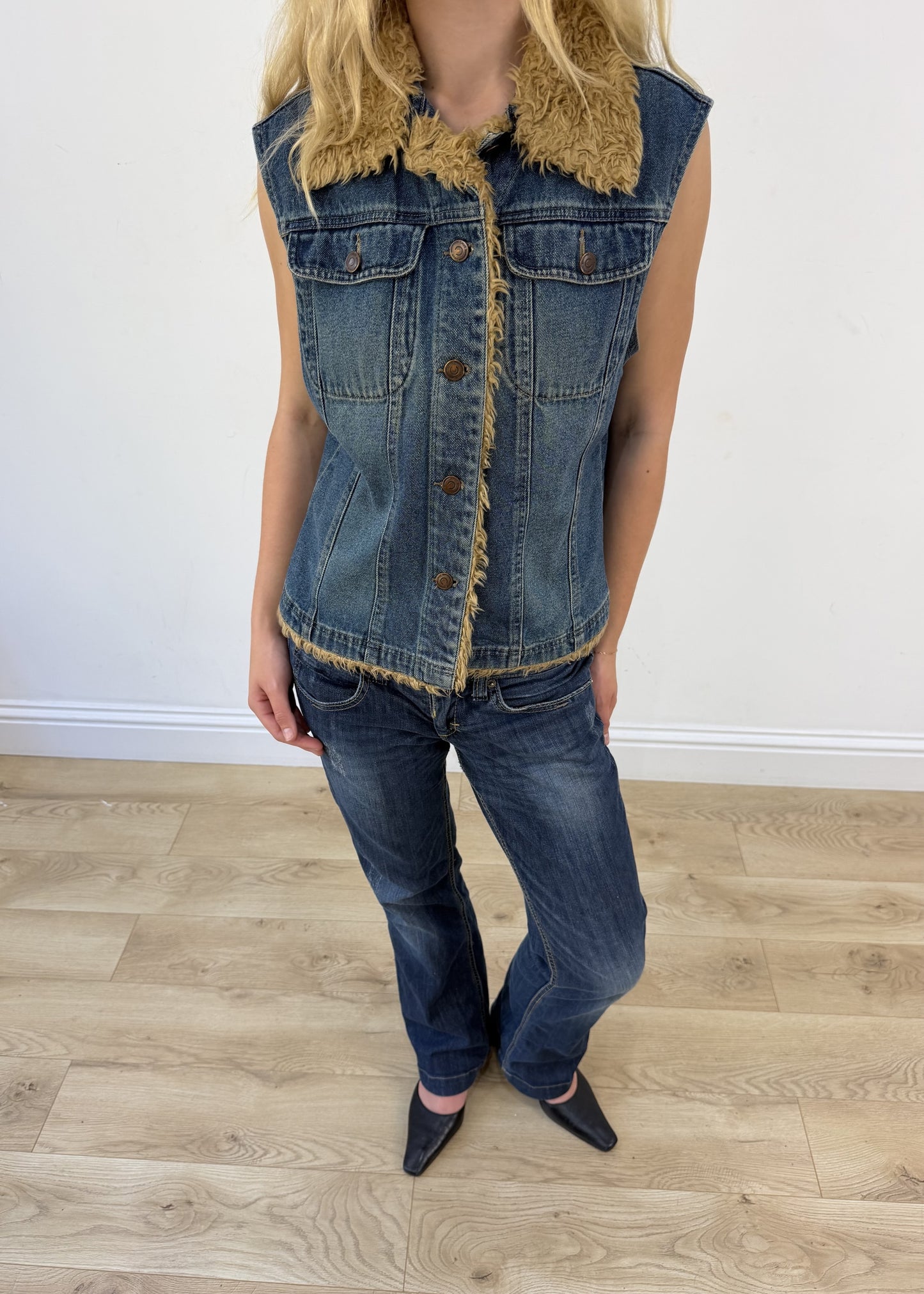 medium denim faux fur gilet photo 2