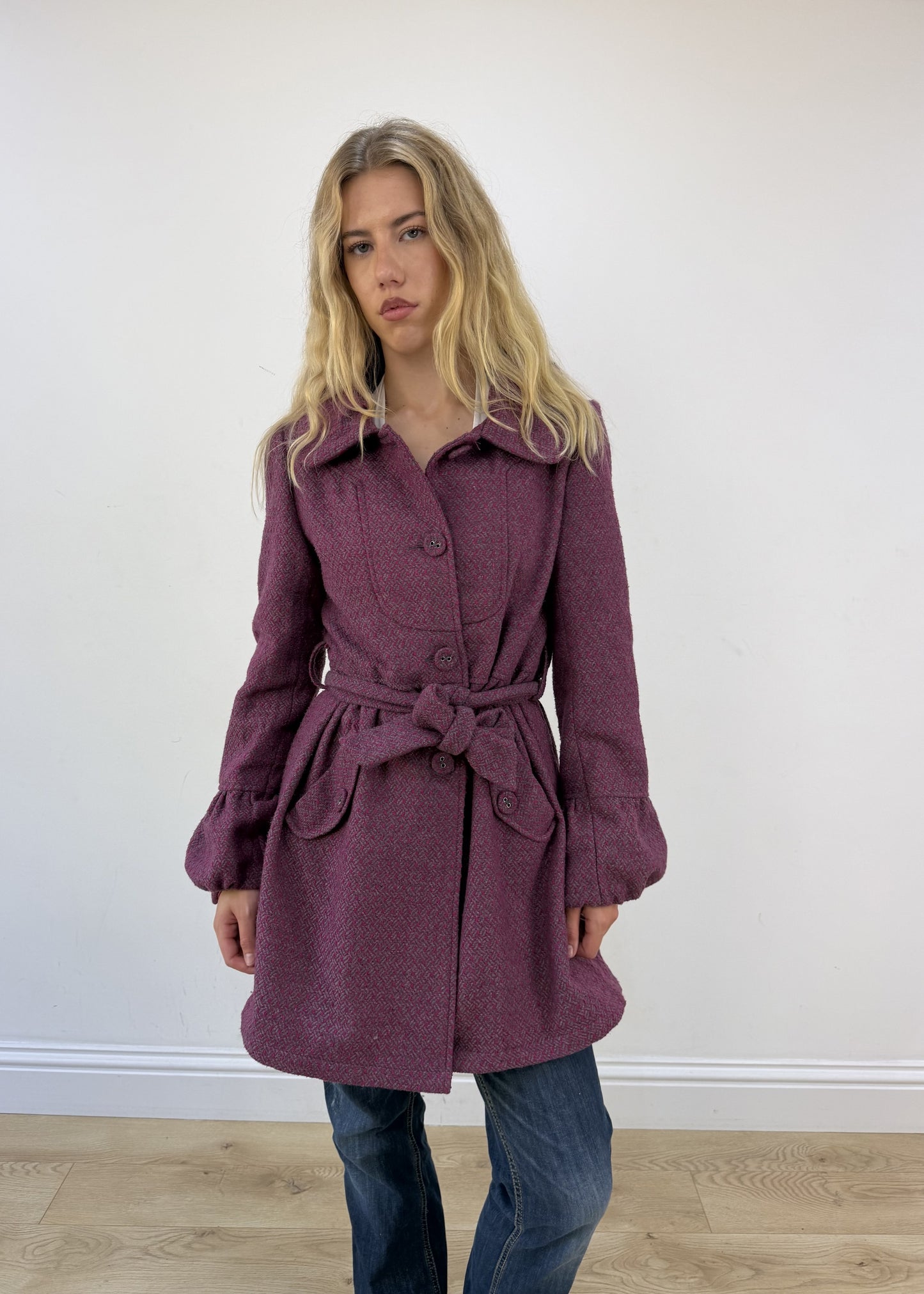 small purple tweed belted coat photo 4