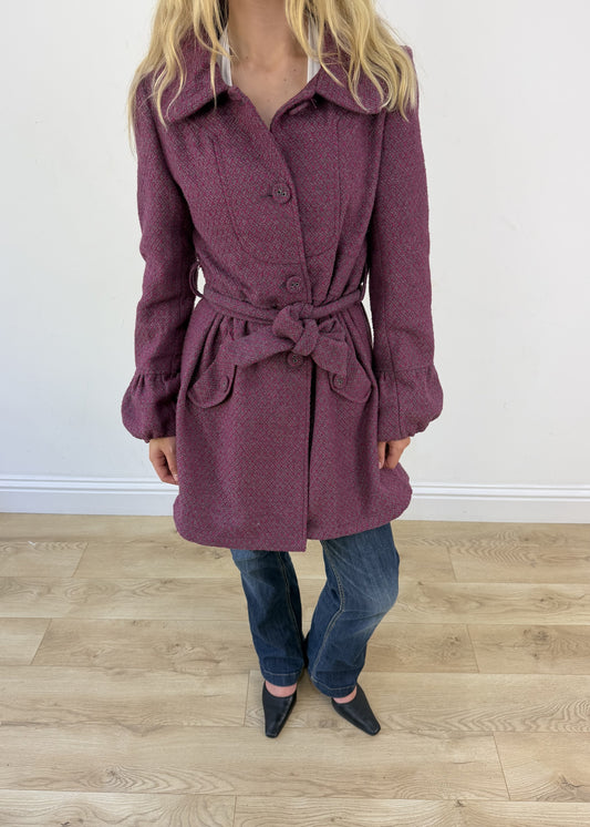 small purple tweed belted coat photo 2