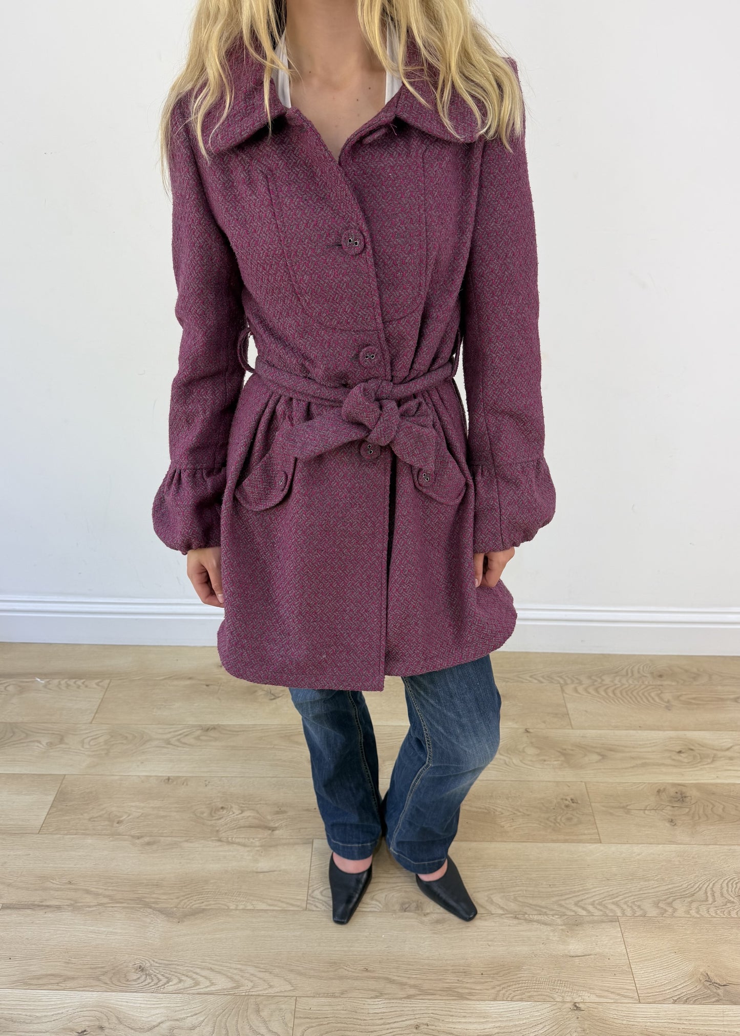 small purple tweed belted coat photo 2