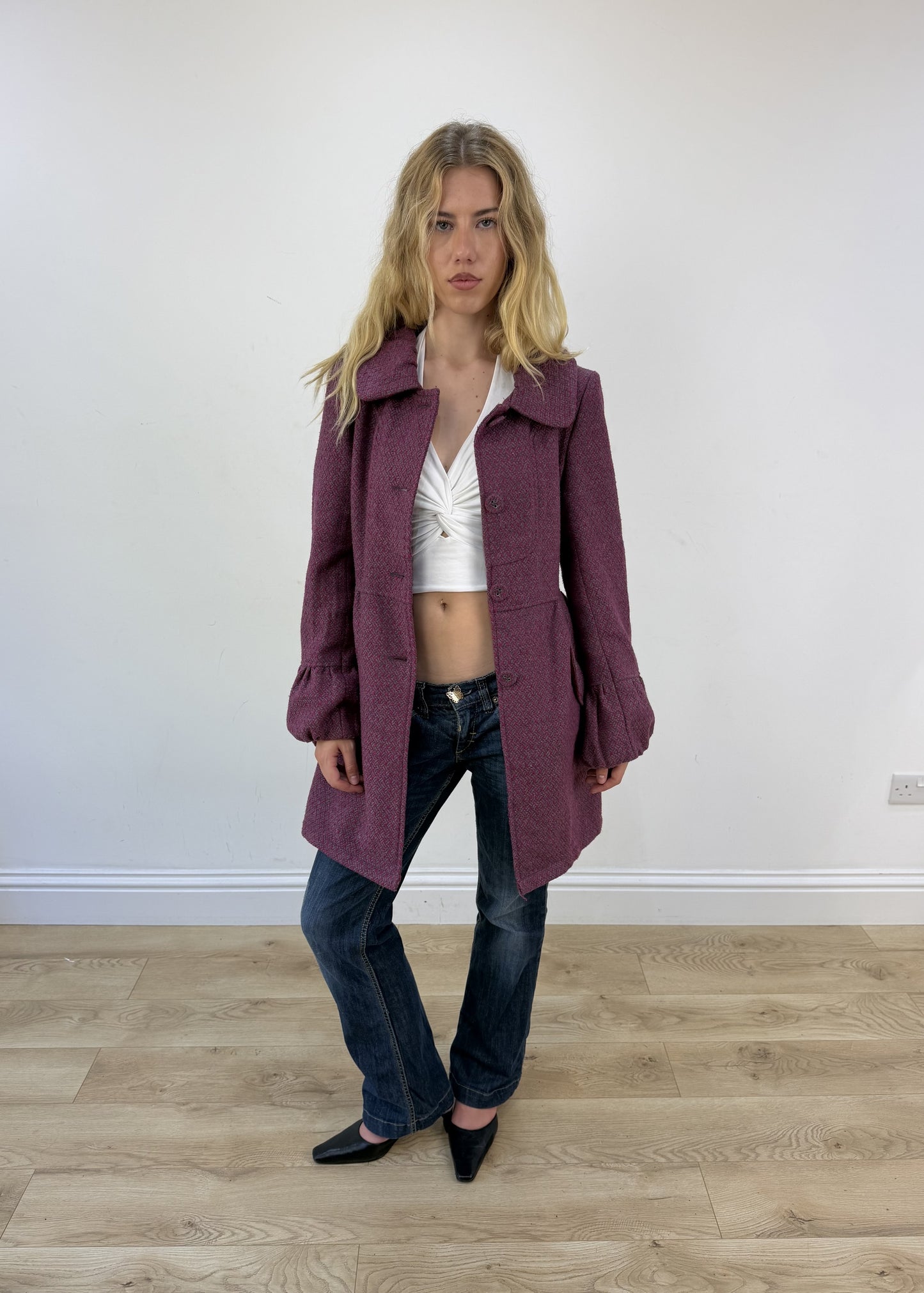 small purple tweed belted coat photo 3