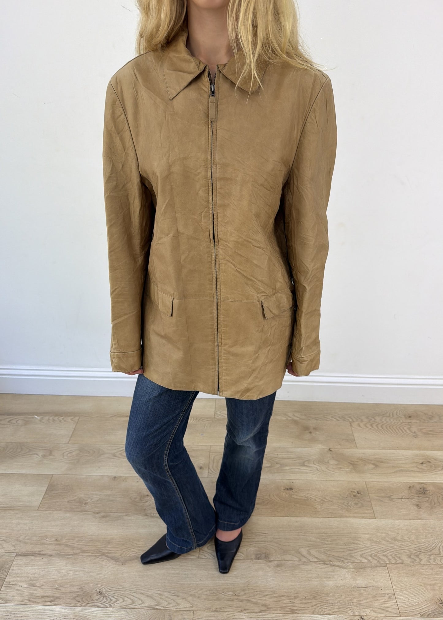 large beige Zara leather jacket photo 2