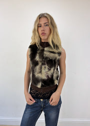 small brown faux fur gilet - face close-up