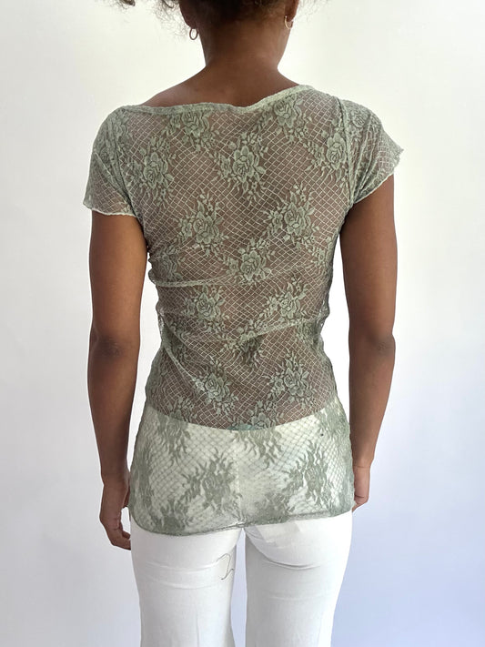 olivia rodrigo drop | small light green lace short sleeve top